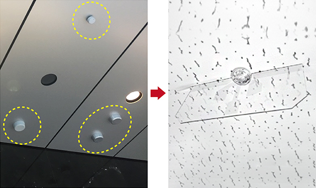 図4．天井に設置された携帯電話用屋内基地局アンテナ群